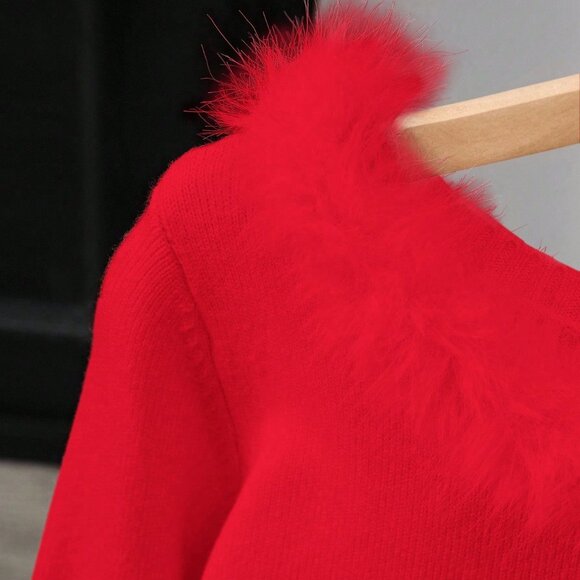 Red Women's Patchwork Fuzzy Trim Collar Fitted Long Sleeve Sweater - Picture 3 of 8